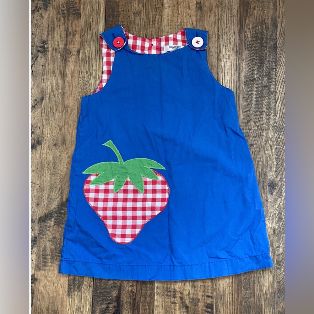 Baby Boden Strawberry Appliqué Pinafore dress 12-18 months blue with red check